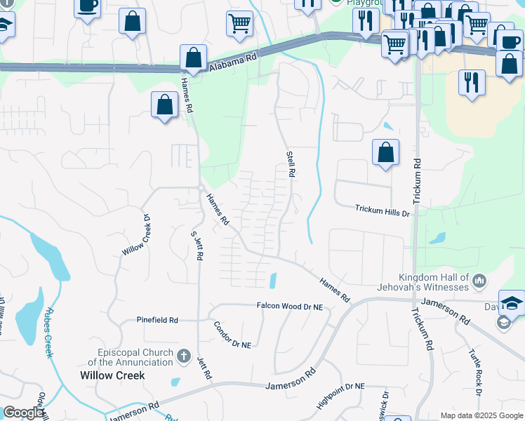 map of restaurants, bars, coffee shops, grocery stores, and more near 627 West Oaks Drive in Woodstock
