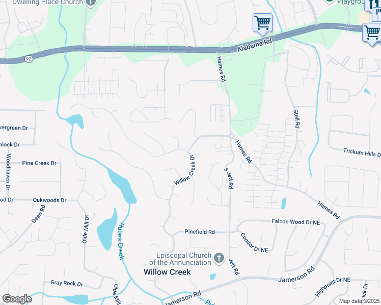 map of restaurants, bars, coffee shops, grocery stores, and more near 4950 Willow Creek Drive in Woodstock
