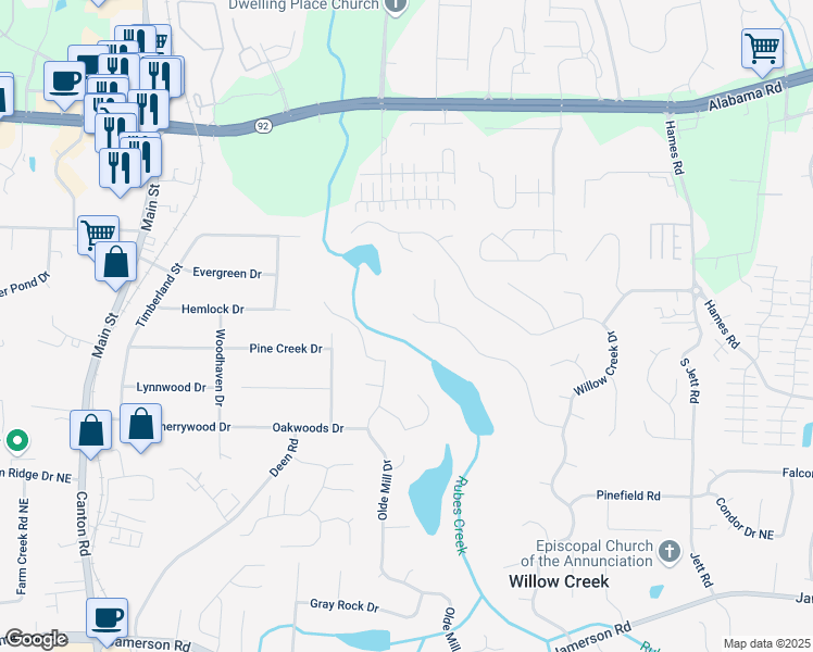 map of restaurants, bars, coffee shops, grocery stores, and more near 1550 Pine Creek Way in Woodstock