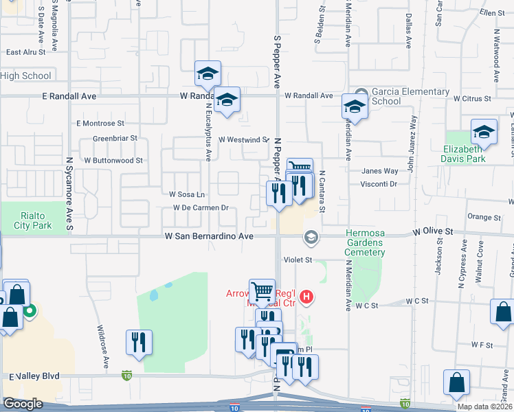 map of restaurants, bars, coffee shops, grocery stores, and more near 1713 Express Circle in Colton