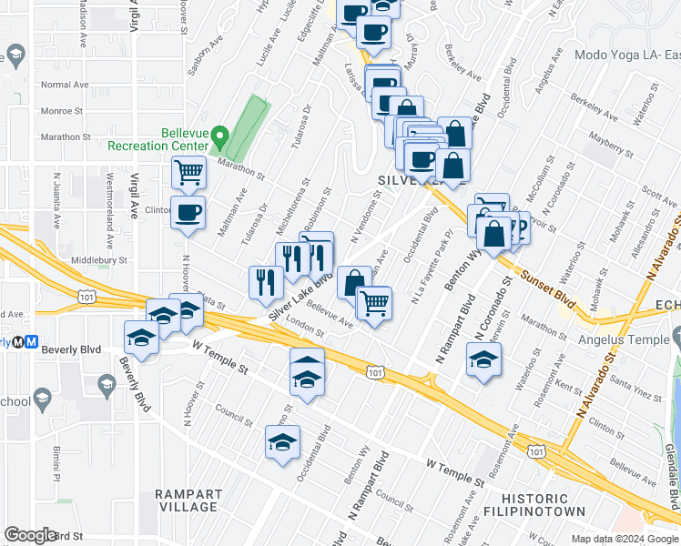 map of restaurants, bars, coffee shops, grocery stores, and more near 660 Silver Lake Boulevard in Los Angeles