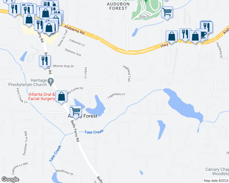 map of restaurants, bars, coffee shops, grocery stores, and more near 5160 Legendary Lane in Acworth
