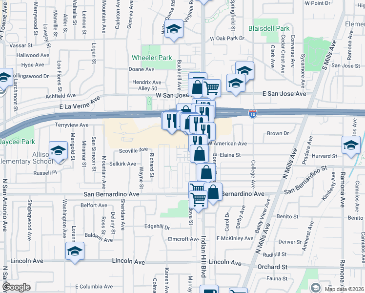 map of restaurants, bars, coffee shops, grocery stores, and more near 1417 Ledgestone Lane in Pomona