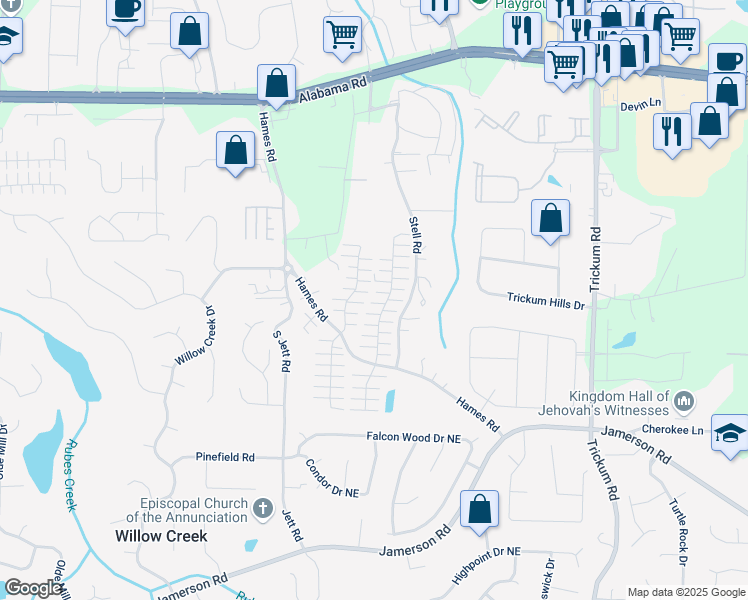 map of restaurants, bars, coffee shops, grocery stores, and more near 627 West Oaks Drive in Woodstock