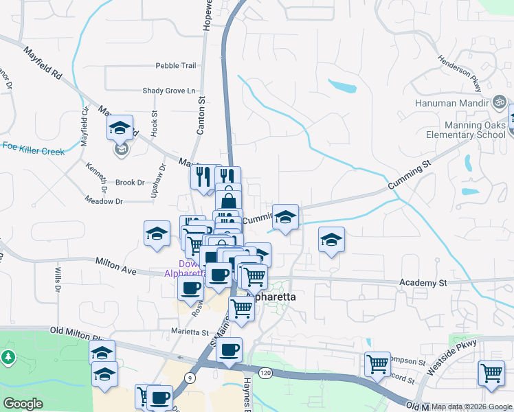 map of restaurants, bars, coffee shops, grocery stores, and more near 160 Manning Drive in Alpharetta
