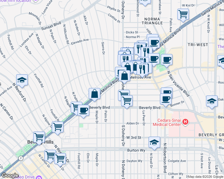 map of restaurants, bars, coffee shops, grocery stores, and more near 455 North Oakhurst Drive in Beverly Hills