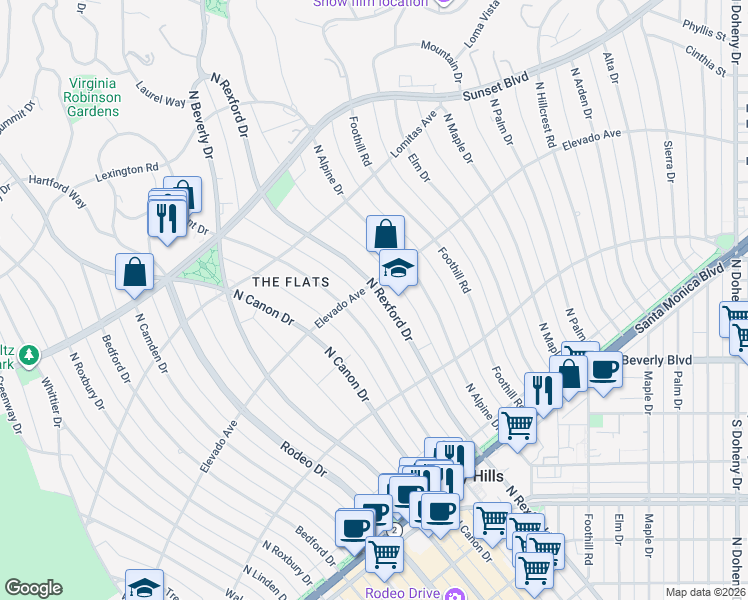 map of restaurants, bars, coffee shops, grocery stores, and more near 629 North Rexford Drive in Beverly Hills