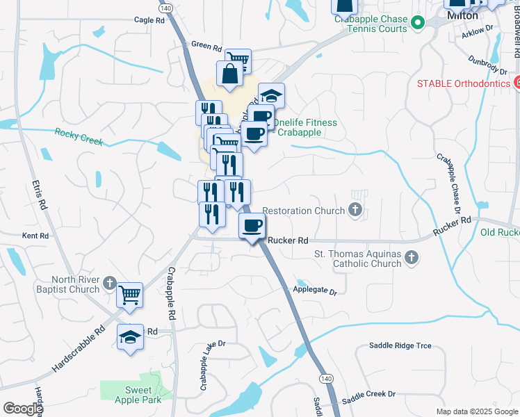 map of restaurants, bars, coffee shops, grocery stores, and more near 725 Mae Lane in Alpharetta