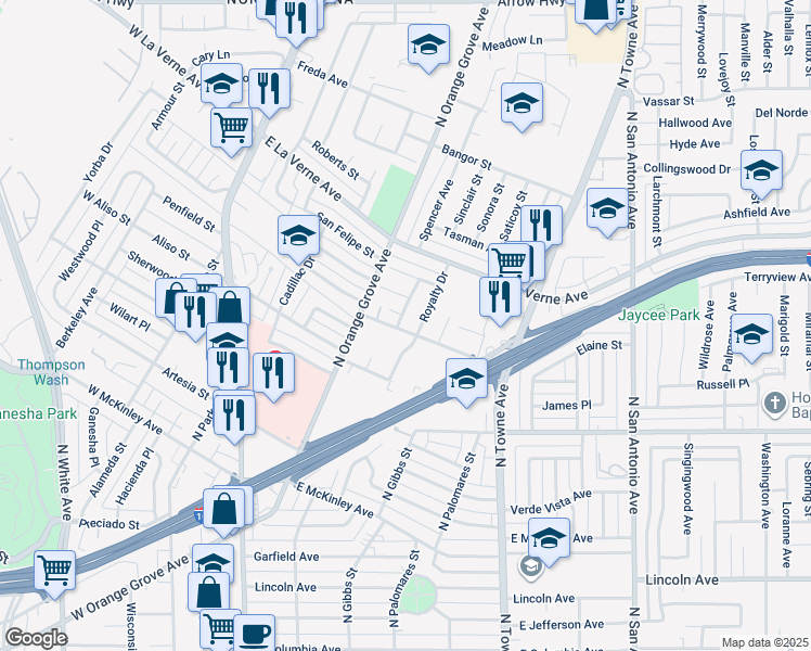 map of restaurants, bars, coffee shops, grocery stores, and more near 1924 Bobolink Way in Pomona