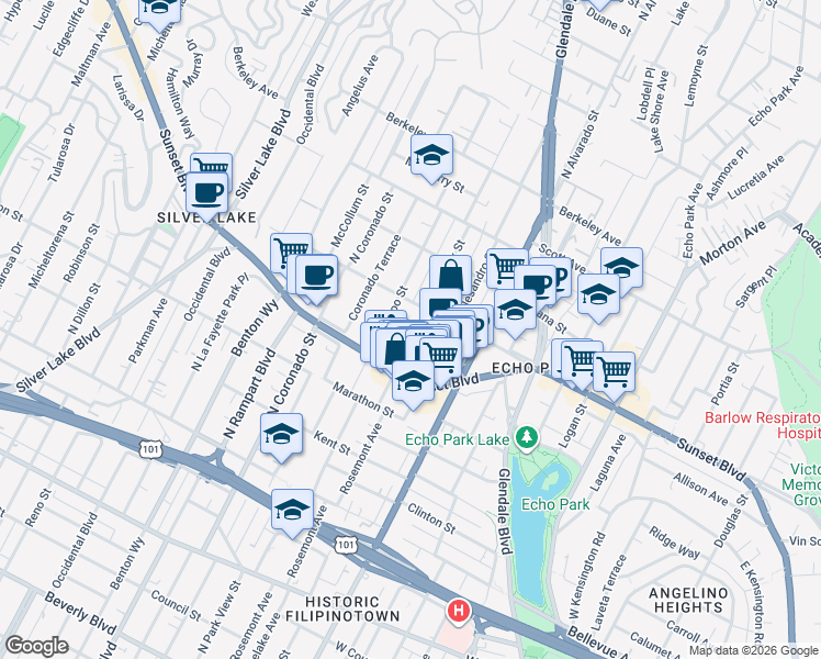 map of restaurants, bars, coffee shops, grocery stores, and more near 1216 Waterloo Street in Los Angeles