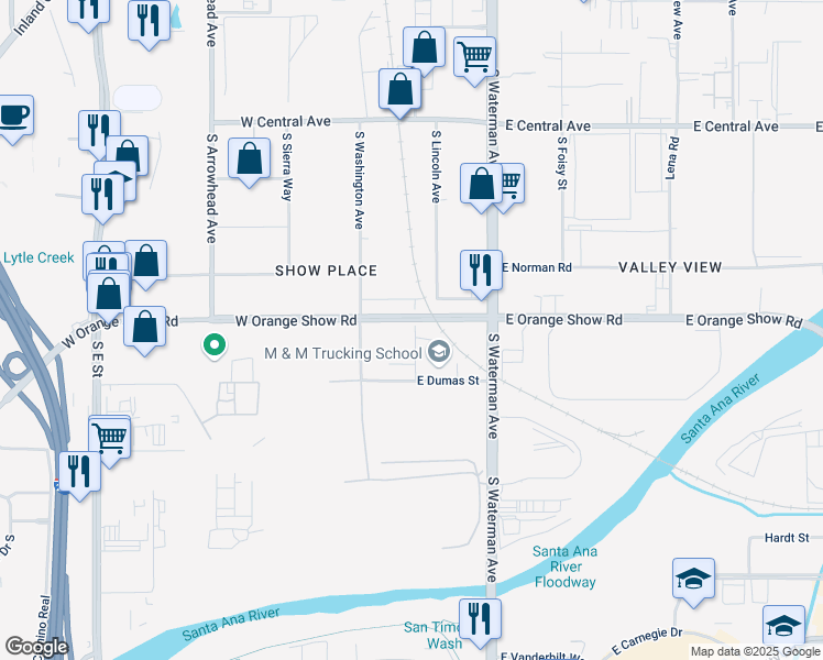 map of restaurants, bars, coffee shops, grocery stores, and more near South Amos Street in San Bernardino