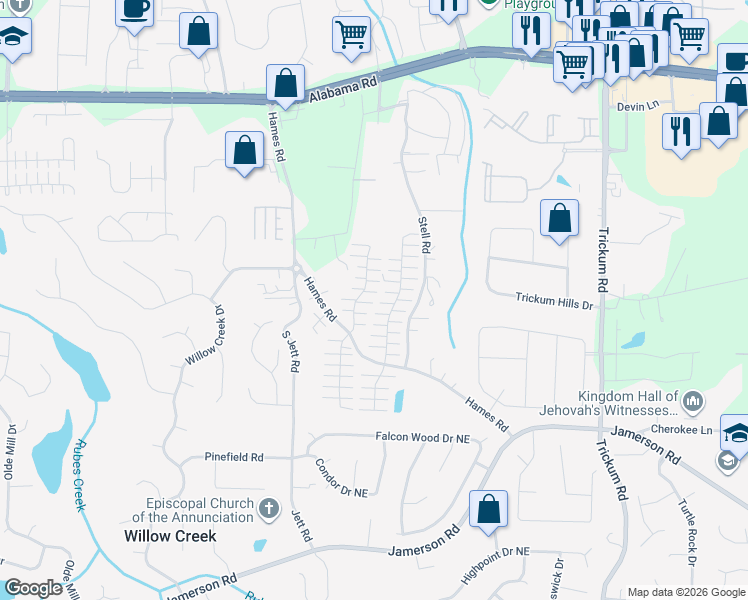 map of restaurants, bars, coffee shops, grocery stores, and more near 360 West Oaks Trail in Woodstock