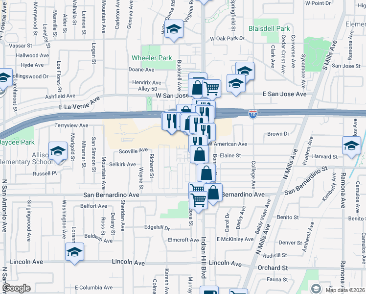 map of restaurants, bars, coffee shops, grocery stores, and more near 1511 Ledgestone Lane in Pomona