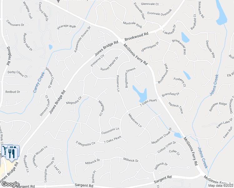 map of restaurants, bars, coffee shops, grocery stores, and more near 12340 Preserve Lane in Alpharetta