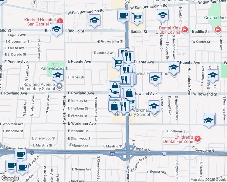 map of restaurants, bars, coffee shops, grocery stores, and more near 501-b Tamarind Way in West Covina