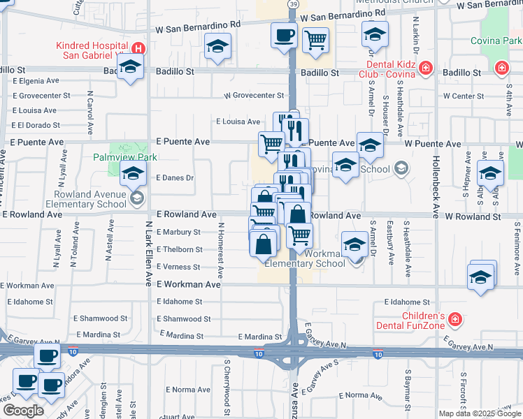 map of restaurants, bars, coffee shops, grocery stores, and more near 501-b Tamarind Way in West Covina