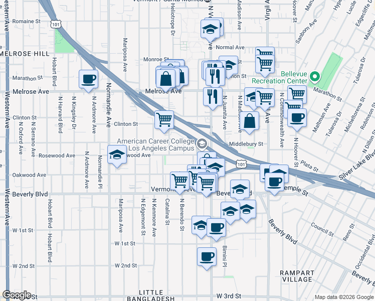 map of restaurants, bars, coffee shops, grocery stores, and more near 504 North Berendo Street in Los Angeles