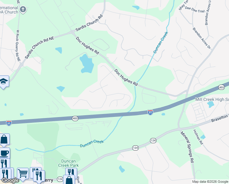 map of restaurants, bars, coffee shops, grocery stores, and more near 4247 Rovello Way Northeast in Buford