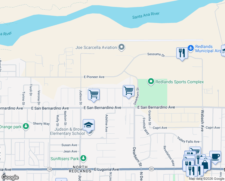 map of restaurants, bars, coffee shops, grocery stores, and more near 1703 Penny Lane in Redlands