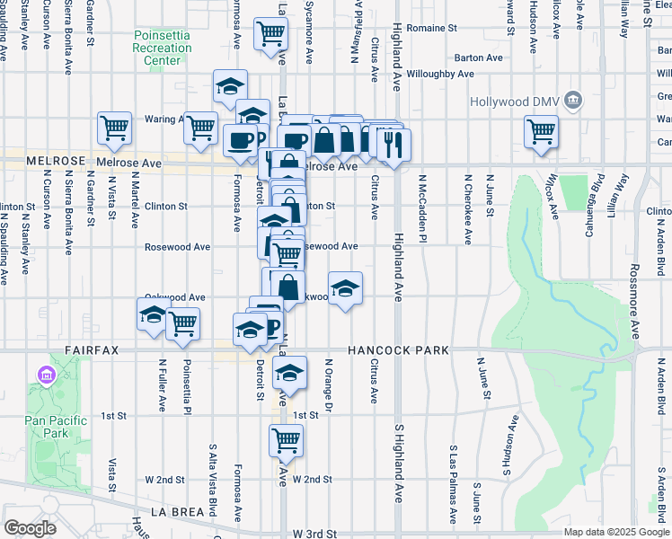 map of restaurants, bars, coffee shops, grocery stores, and more near 434 North Orange Drive in Los Angeles