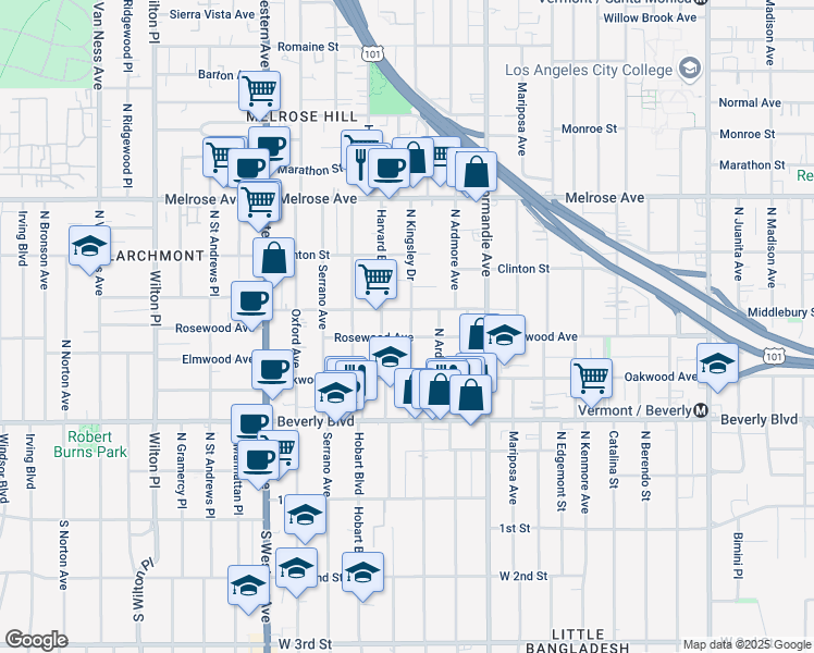 map of restaurants, bars, coffee shops, grocery stores, and more near 453 North Kingsley Drive in Los Angeles
