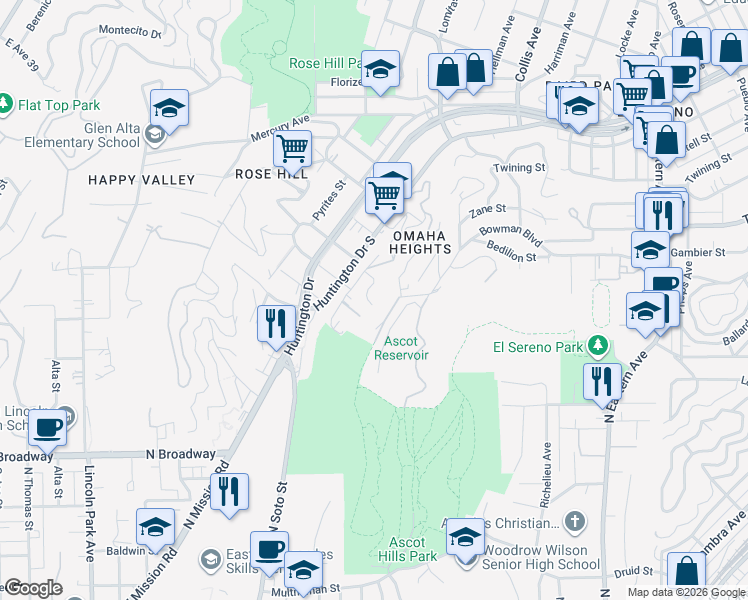 map of restaurants, bars, coffee shops, grocery stores, and more near 4354 O Neill Street in Los Angeles