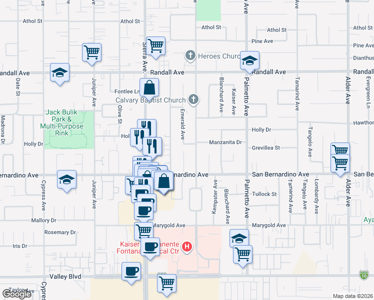 map of restaurants, bars, coffee shops, grocery stores, and more near 9605 Emerald Court in Fontana