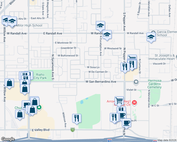 map of restaurants, bars, coffee shops, grocery stores, and more near 1967 West De Carmen Drive in Colton