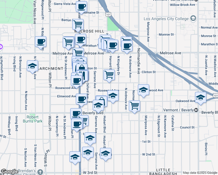 map of restaurants, bars, coffee shops, grocery stores, and more near 4611 Rosewood Avenue in Los Angeles