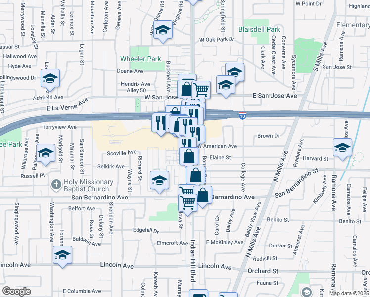 map of restaurants, bars, coffee shops, grocery stores, and more near 1565 Ledgestone Lane in Pomona