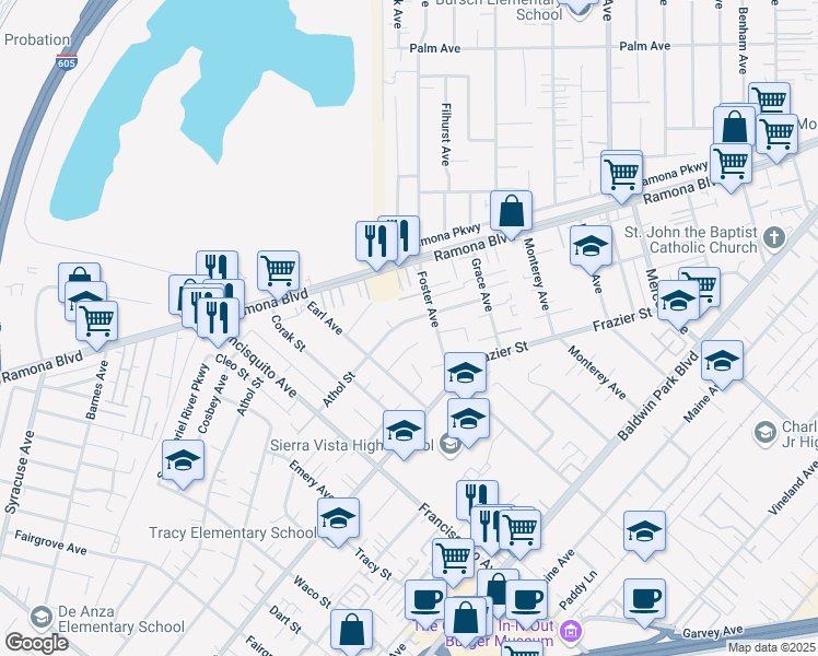 map of restaurants, bars, coffee shops, grocery stores, and more near 3879 Athol Street in Baldwin Park
