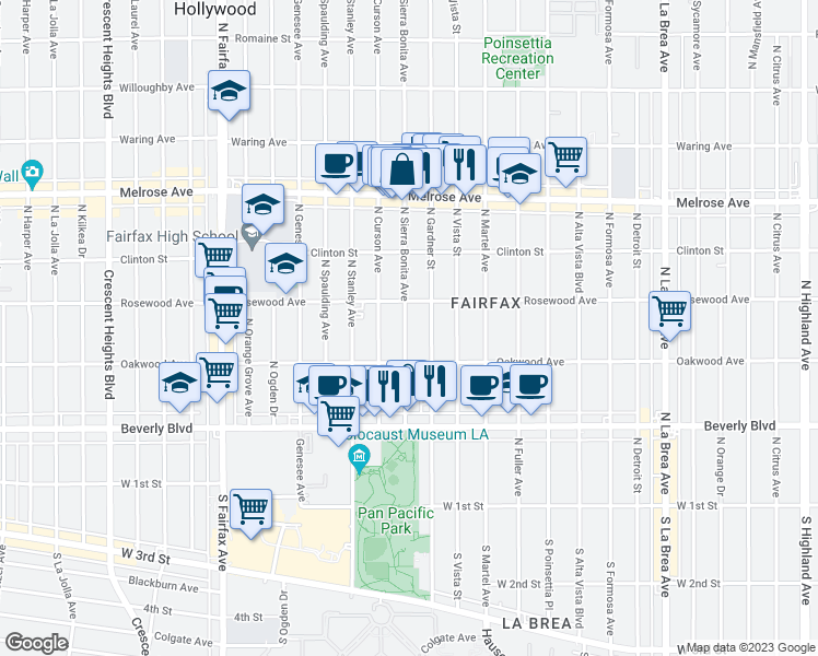 map of restaurants, bars, coffee shops, grocery stores, and more near 440 North Sierra Bonita Avenue in Los Angeles