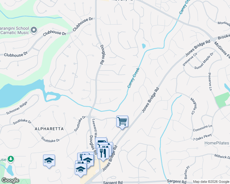 map of restaurants, bars, coffee shops, grocery stores, and more near 1325 Redbud Drive in Alpharetta