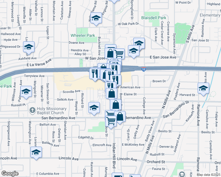 map of restaurants, bars, coffee shops, grocery stores, and more near 1575 Ledgestone Lane in Pomona