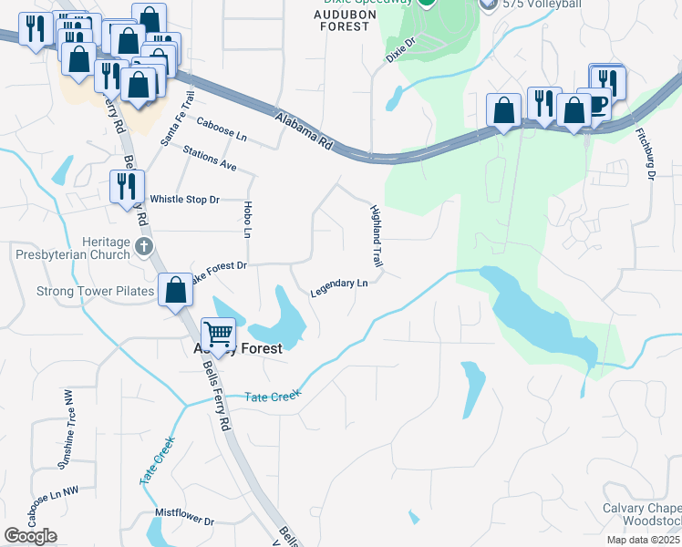 map of restaurants, bars, coffee shops, grocery stores, and more near 5184 Valley Tarn in Acworth