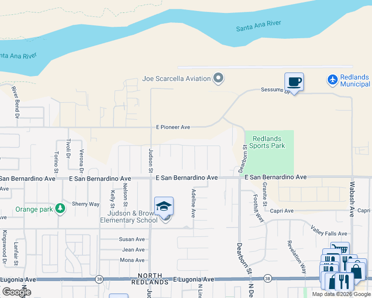 map of restaurants, bars, coffee shops, grocery stores, and more near 1471 Lucas Lane in Redlands