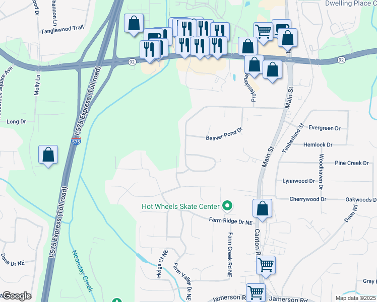 map of restaurants, bars, coffee shops, grocery stores, and more near 540 Stockwood Drive in Woodstock