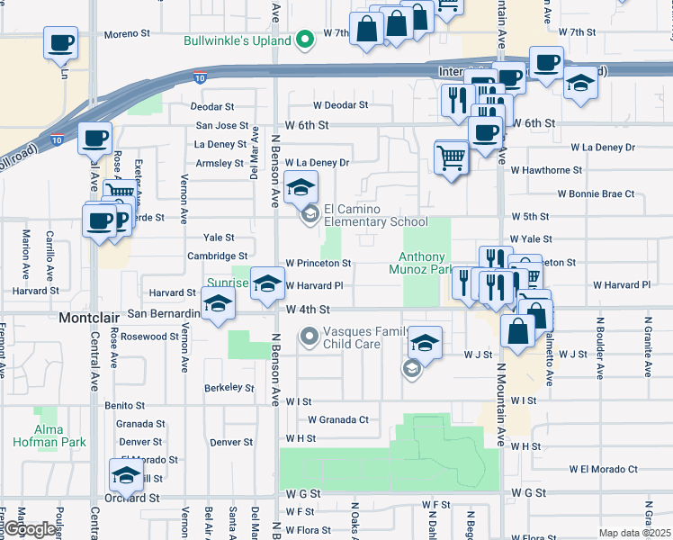 map of restaurants, bars, coffee shops, grocery stores, and more near 1427 West Princeton Street in Ontario