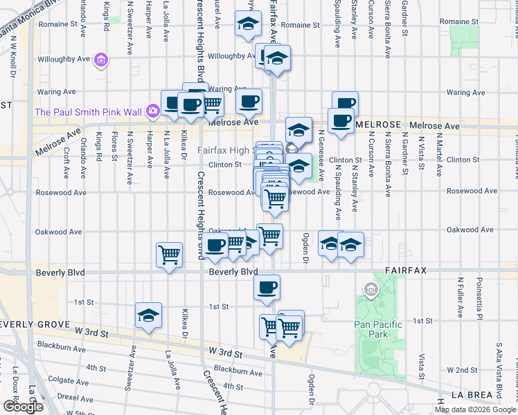 map of restaurants, bars, coffee shops, grocery stores, and more near in Los Angeles