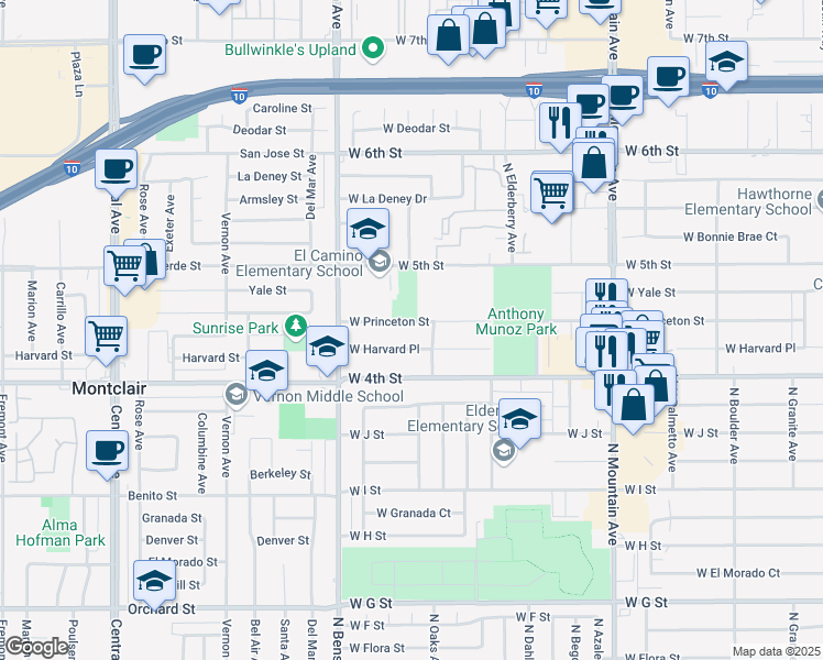 map of restaurants, bars, coffee shops, grocery stores, and more near 1427 West Princeton Street in Ontario
