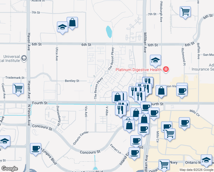 map of restaurants, bars, coffee shops, grocery stores, and more near 11016 Deckhouse Drive in Rancho Cucamonga
