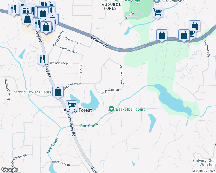 map of restaurants, bars, coffee shops, grocery stores, and more near 5184 Valley Tarn in Acworth