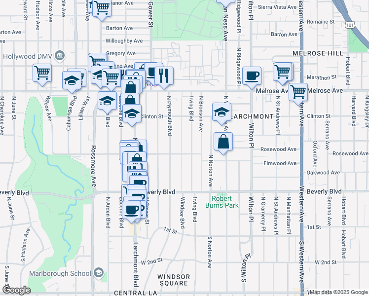 map of restaurants, bars, coffee shops, grocery stores, and more near 512 North Windsor Boulevard in Los Angeles