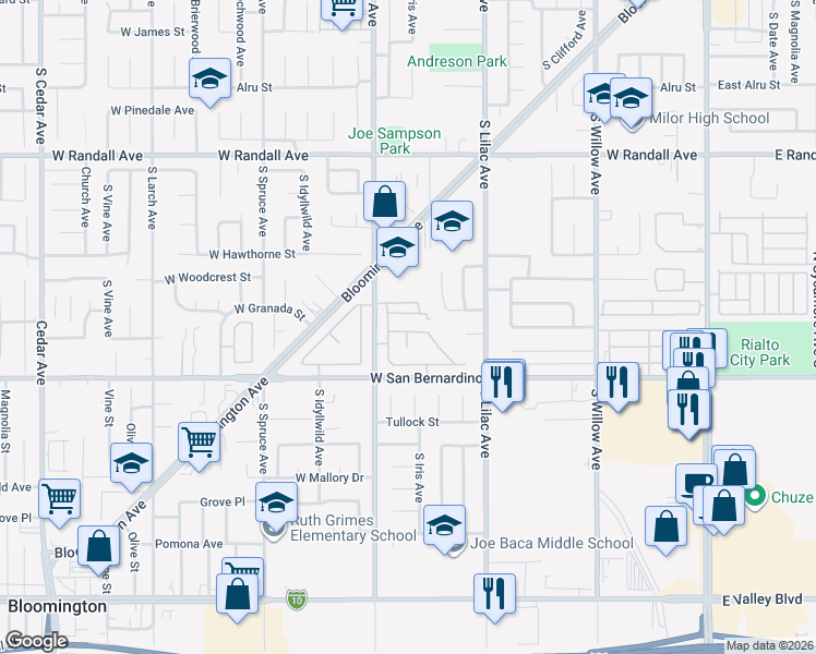 map of restaurants, bars, coffee shops, grocery stores, and more near 1173 South Cactus Avenue in Rialto