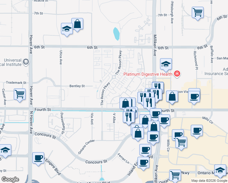 map of restaurants, bars, coffee shops, grocery stores, and more near 11016 Deckhouse Drive in Rancho Cucamonga
