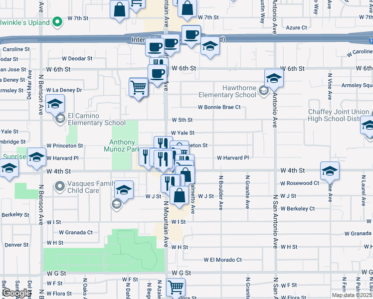 map of restaurants, bars, coffee shops, grocery stores, and more near 1038 West Princeton Street in Ontario