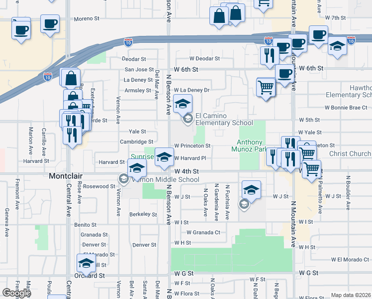 map of restaurants, bars, coffee shops, grocery stores, and more near 1525 West 5th Street in Ontario