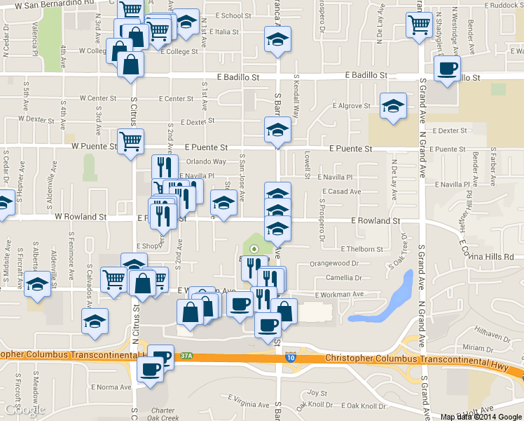 map of restaurants, bars, coffee shops, grocery stores, and more near 535 South Barranca Avenue in Covina
