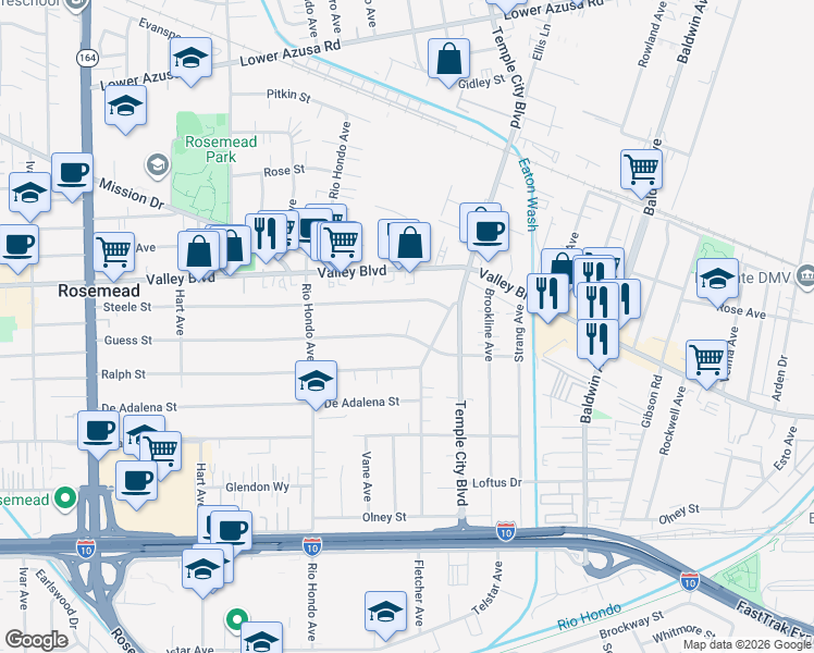 map of restaurants, bars, coffee shops, grocery stores, and more near 9550 Steele Street in Rosemead