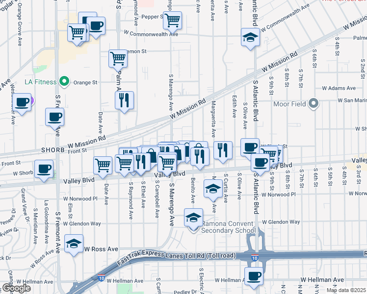 map of restaurants, bars, coffee shops, grocery stores, and more near 1024 South Marengo Avenue in Alhambra